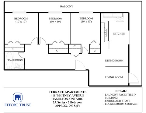 Floor plan for 3 beds, 1 bath